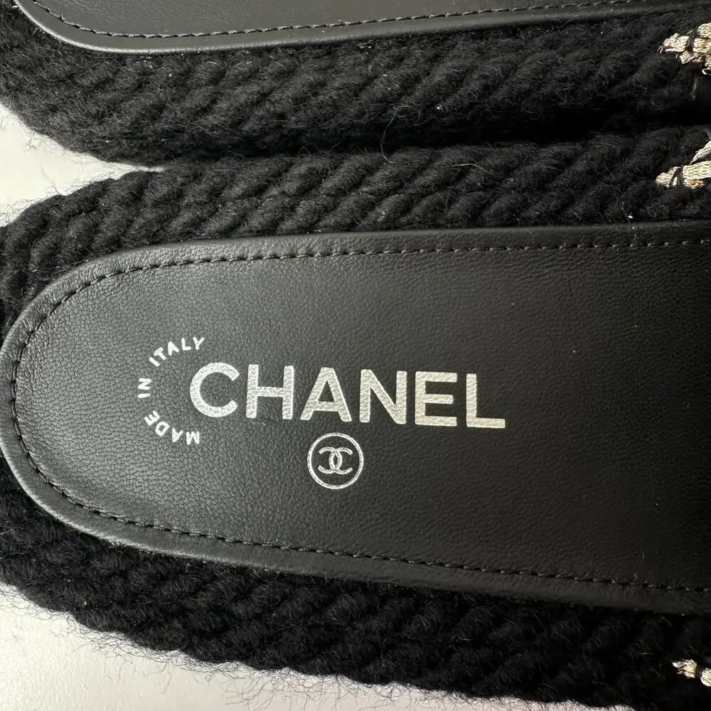 NIB! Chanel (39/8-8.5 US) Interlocking CC Logo Braided Slide Sandals- Black/Gold